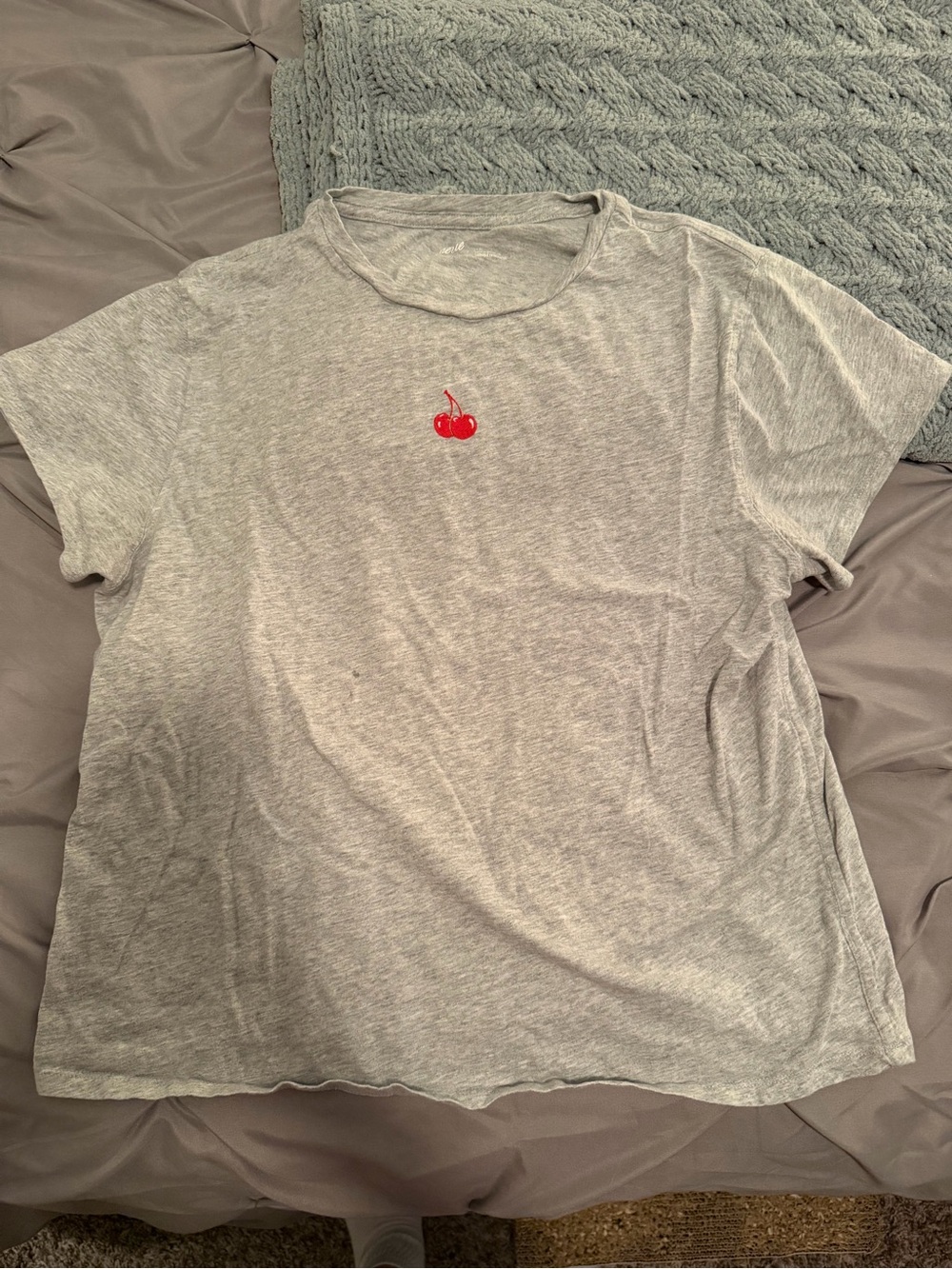 Aerie embroidered cherry light grey t-shirt size large